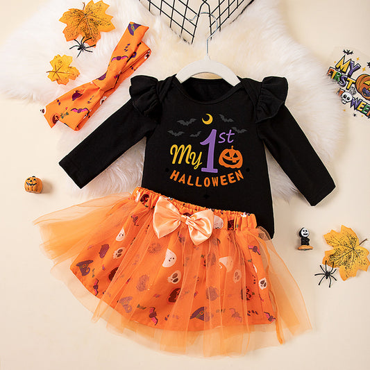 Kids Baby Girls Halloween Alphabet Pumpkin Romper Skirt Set