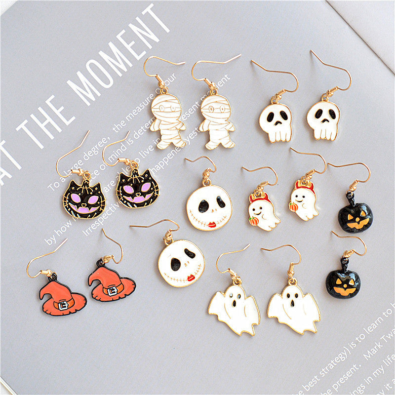 Pendientes de sombrero con forma de calavera, calabaza, gato y fantasma de Halloween para mujer