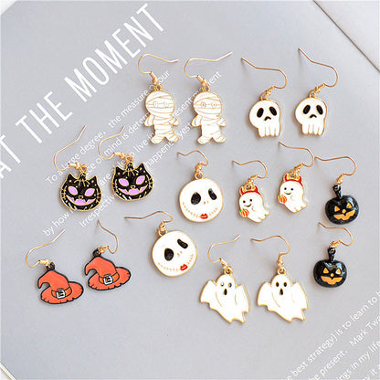 Pendientes de sombrero con forma de calavera, calabaza, gato y fantasma de Halloween para mujer