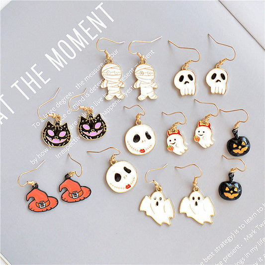 Pendientes de sombrero con forma de calavera, calabaza, gato y fantasma de Halloween para mujer