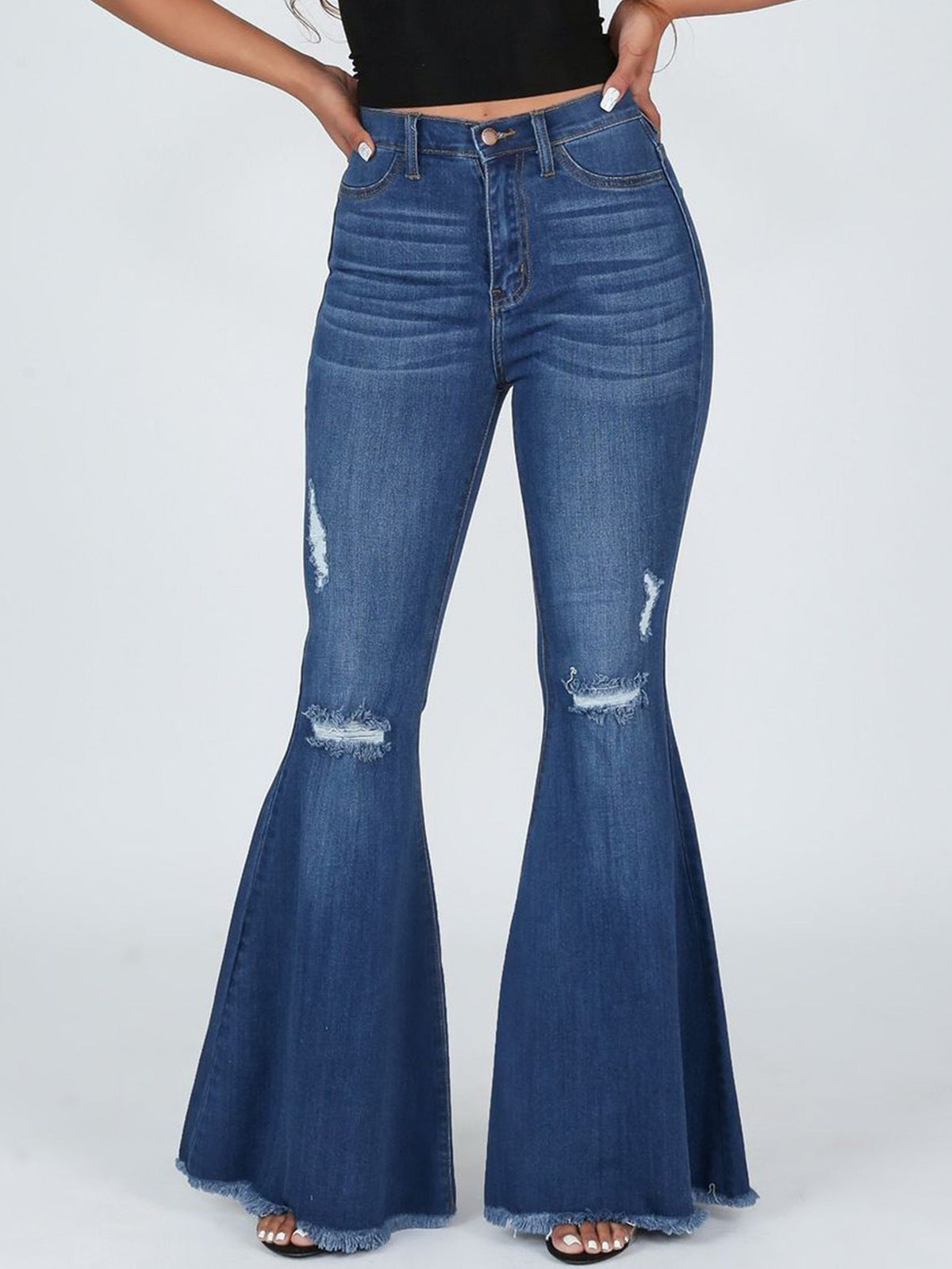Women Retro Ripped Flared Jeans with Cotton and Polyester