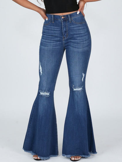 Women Retro Ripped Flared Jeans with Cotton and Polyester