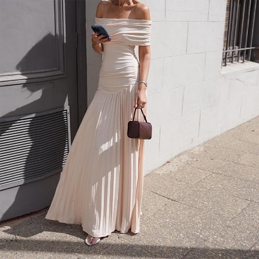 Women Elegant Solid Color Off-Shoulder Maxi Dress