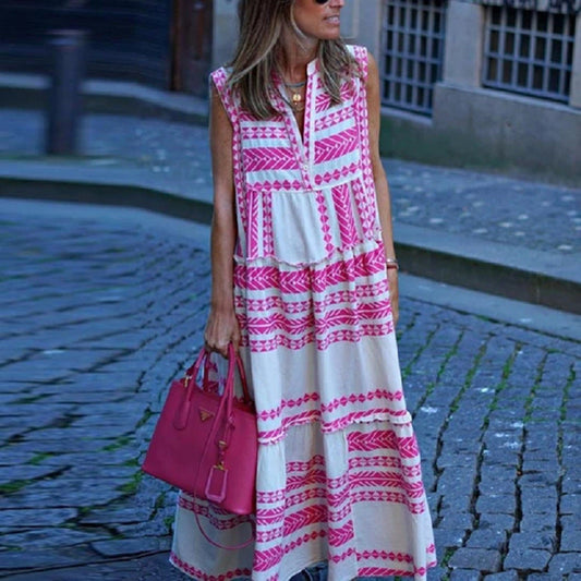 Summer Women Bohemian Geometric Print V-Neck Sleeveless Maxi Dress