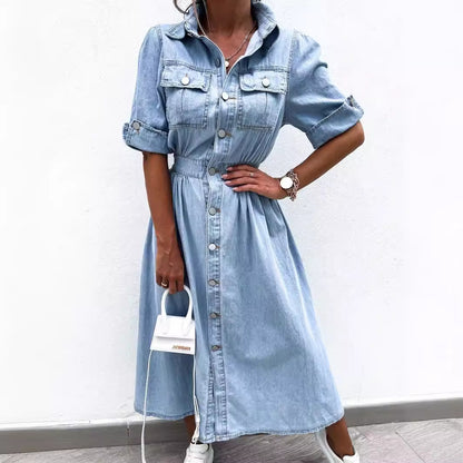 Vestido vaquero informal de manga corta con solapa para mujer