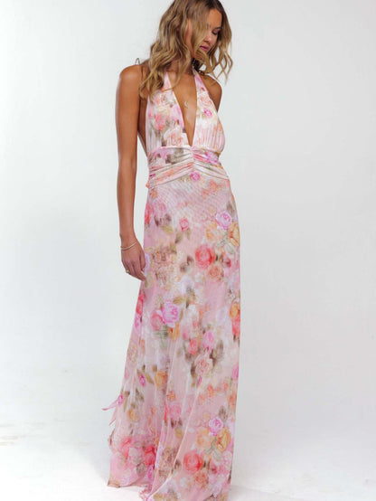 Women Fashion Sexy Printed Halter-Neck Backless Dress
