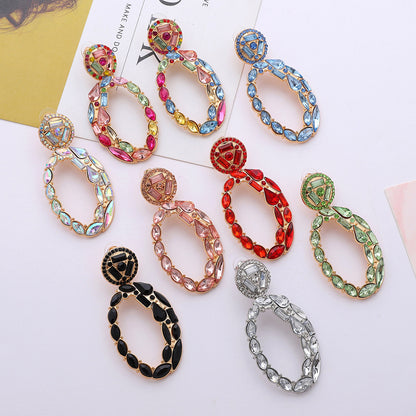 Boucles d'oreilles géométriques ovales en alliage et strass pour femmes, bijoux élégants
