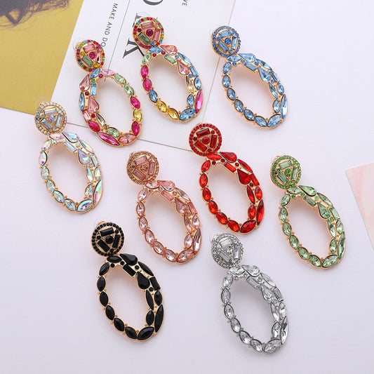 Women Fashion Geometric Oval Rhinestone Alloy Earrings Stylish Jewelry