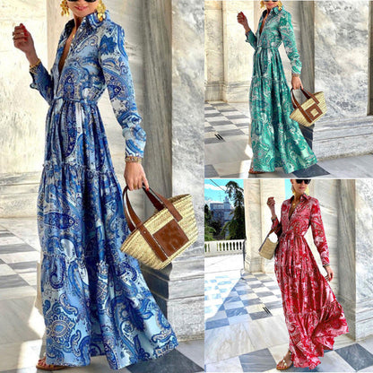 Vestido bohemio de cachemira de manga larga para mujer en azul, verde y rojo
