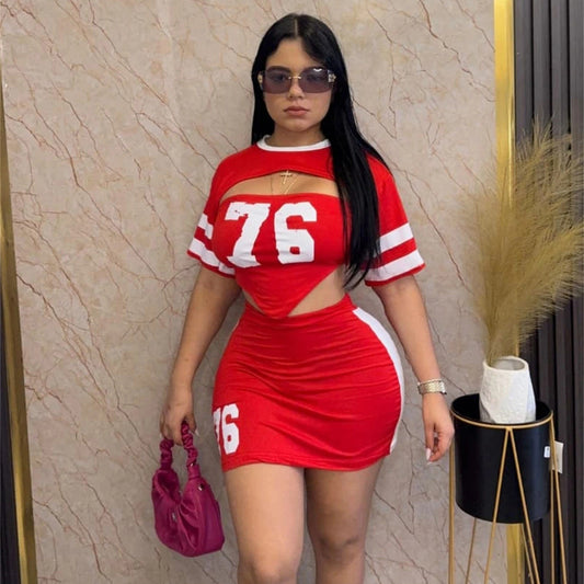 Women Fashion Printed Tube Top Short-Sleeve T-Shirt Set