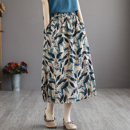 Falda holgada de algodón y lino con estampado floral para mujer