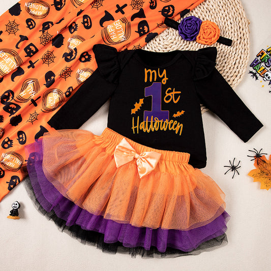 Kids Baby Girls Halloween Alphabet Pumpkin Romper Sets