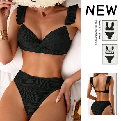 Conjunto de bikini fruncido de color liso sexy a la moda para mujer