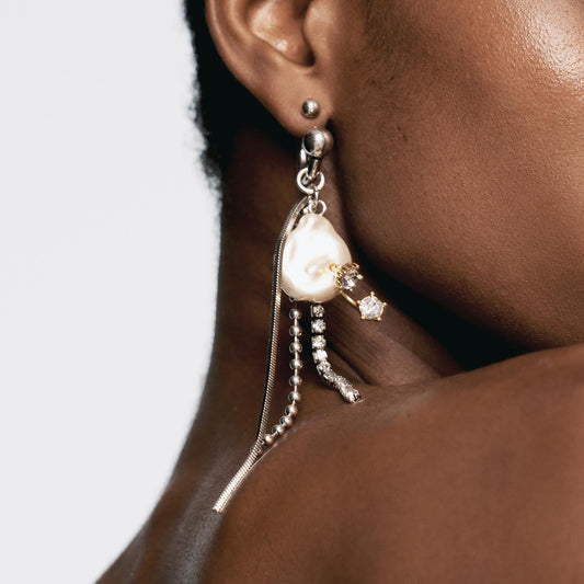 Women Fashion Asymmetric Zircon Long Tassel Earrings in Silver