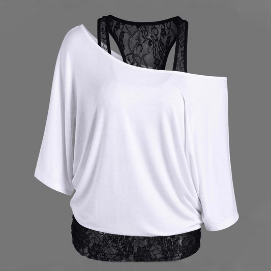 Plus Size Lace Splicing Slanted Shoulder T-Shirt