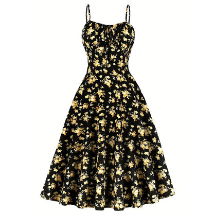 Elegant Floral Printed Spaghetti Strap Dress