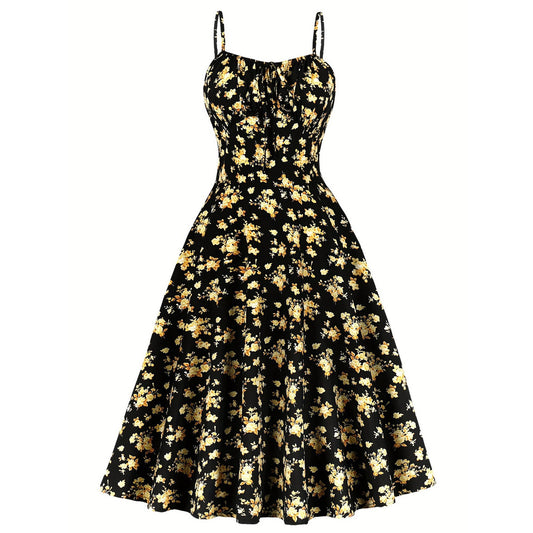 Elegant Floral Printed Spaghetti Strap Dress