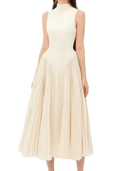 Women Fashion Elegant Solid Color Pleated Dress