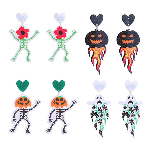 Halloween Women Funny Creative Acrylic Pumpkin Skeleton Ghost Earrings