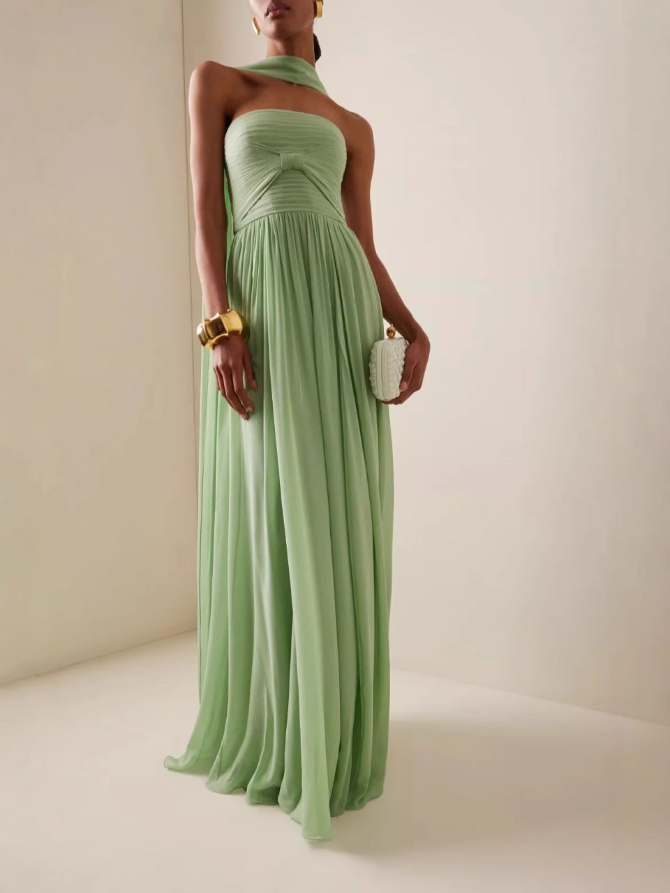 Women Elegant Solid Color Strapless Pleated Dress