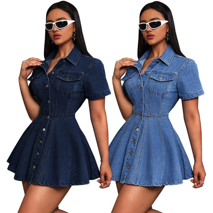 Women Fashion Denim Lapel Short Sleeve Dress