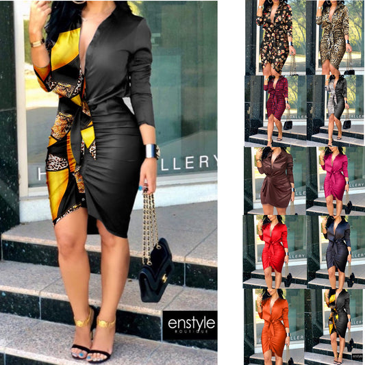Women Summer V-Neck Lace-Up Plaid Shirt Dress