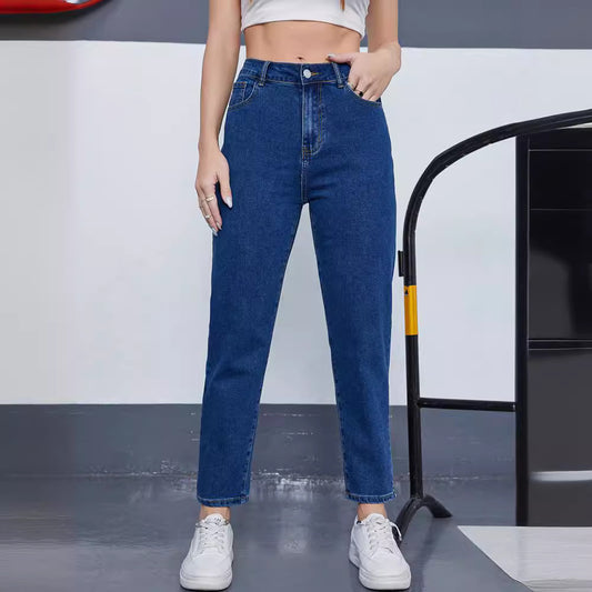 Women Casual Solid Color High Waist Loose Jeans