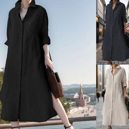 Vestido informal de lino y algodón con abertura irregular y suelto para mujer