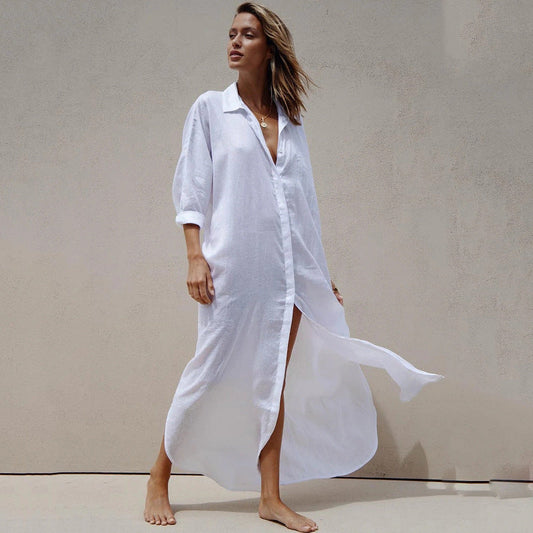 Vestido playero informal de manga larga con solapa para mujer
