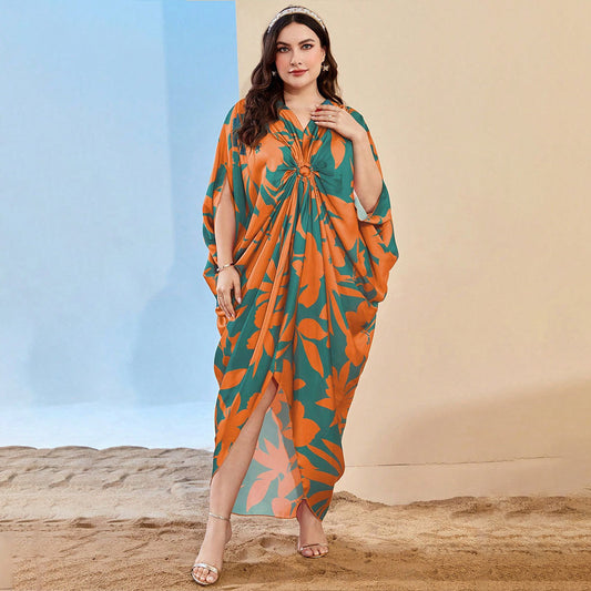 Elegant Print V-Neck Pleated Loose Dress