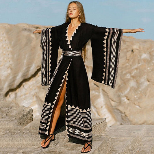 Traje de baño de playa geométrico con escote en V holgado para mujer
