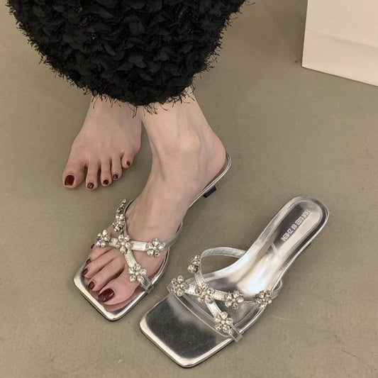 Elegant Rhinestone Square Toe Mid-Heel Sandals