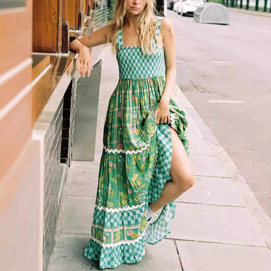 Women Fashion Printed Lace Sleeveless Backless Loose Dress