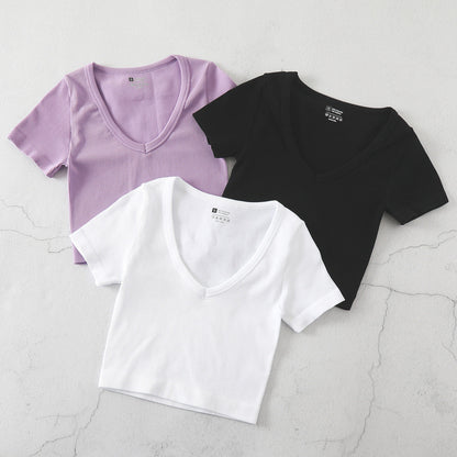 Camiseta de yoga informal de color liso con cuello en V para mujer
