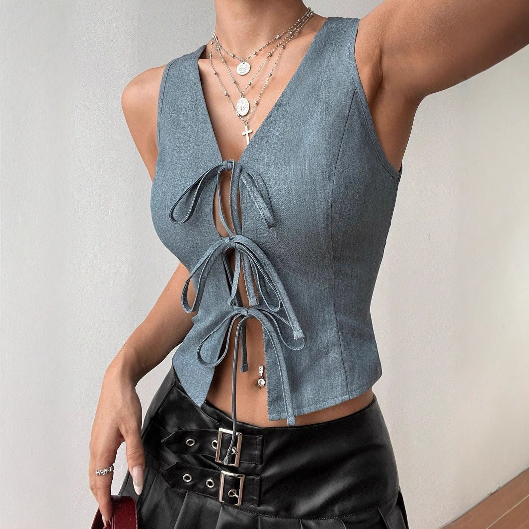 Camiseta sin mangas ajustada con cordones de color liso a la moda para mujer