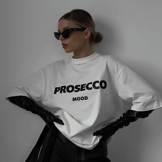 Camiseta informal de algodón con cuello redondo y estampado de letras para mujer
