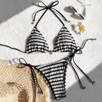 Maillot de bain bikini dos nu à rayures de couleur contrastée pour femme