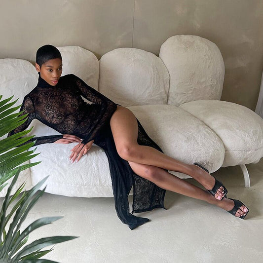 Women Fashion Sexy Half High Collar Lace Perspective Split Dress