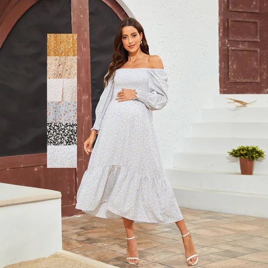 Pregnant Women Floral Printed Ruffled Chiffon Dress