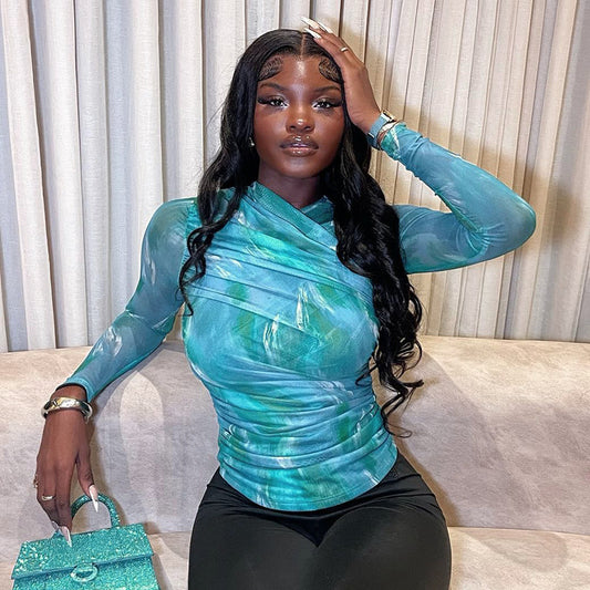 Women Cross Collar Pleated Tie Dye Mesh Top