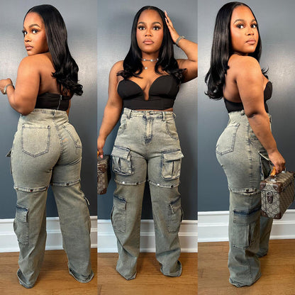 Street Women'S Fashion Multi-Pocket Jeans in Light Blue