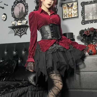Gothic Casual Velvet Stripe Long-Sleeve Blouse