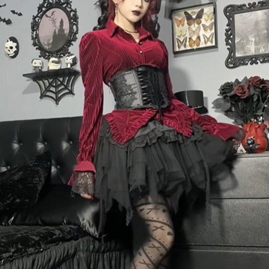 Gothic Casual Velvet Stripe Long-Sleeve Blouse