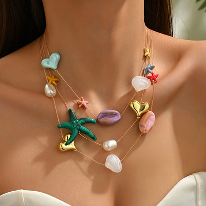 Women Fashion Boho Multi-Layer Starfish Shell Sea Necklace