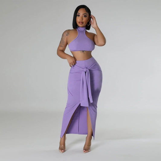 Conjunto de top corto sin mangas de color sólido sexy a la moda para mujer