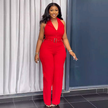 Women Fashion V-Neck Backless Wide-Leg Jumpsuit in Solid Color