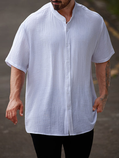 Camisa informal de algodón de manga corta con cuello alto para hombre