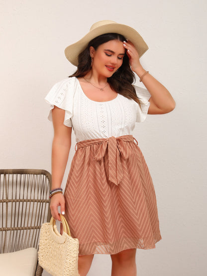 Women Fashion Casual Plus Size Jacquard Stitching Short Sleeve Dress