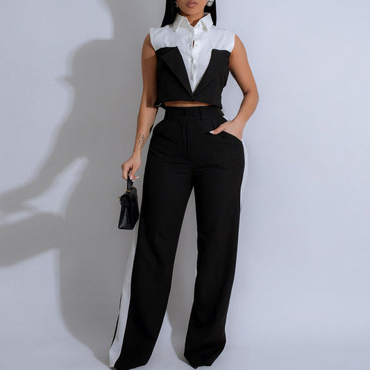Ensemble chemise et pantalon sans manches pour femme, color block, polyester et élasthanne