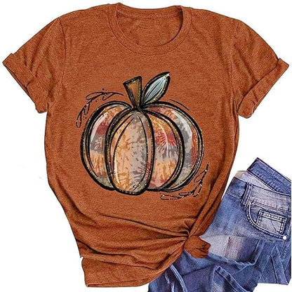 Camiseta de cuello redondo con estampado de fantasma de calabaza de Halloween para mujer